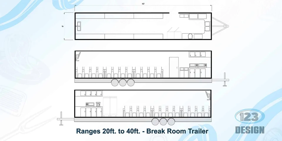 Breakroom trailer floor-plan reference with seating and counter areas