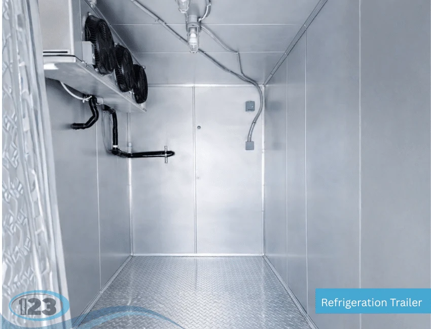 Interior of a refrigerated trailer with insulated walls and cooling equipment