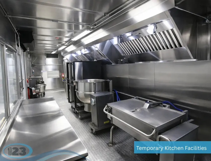 Commercial cooking equipment and preparation space inside a Modular Refrigeration Sale mobile kitchen