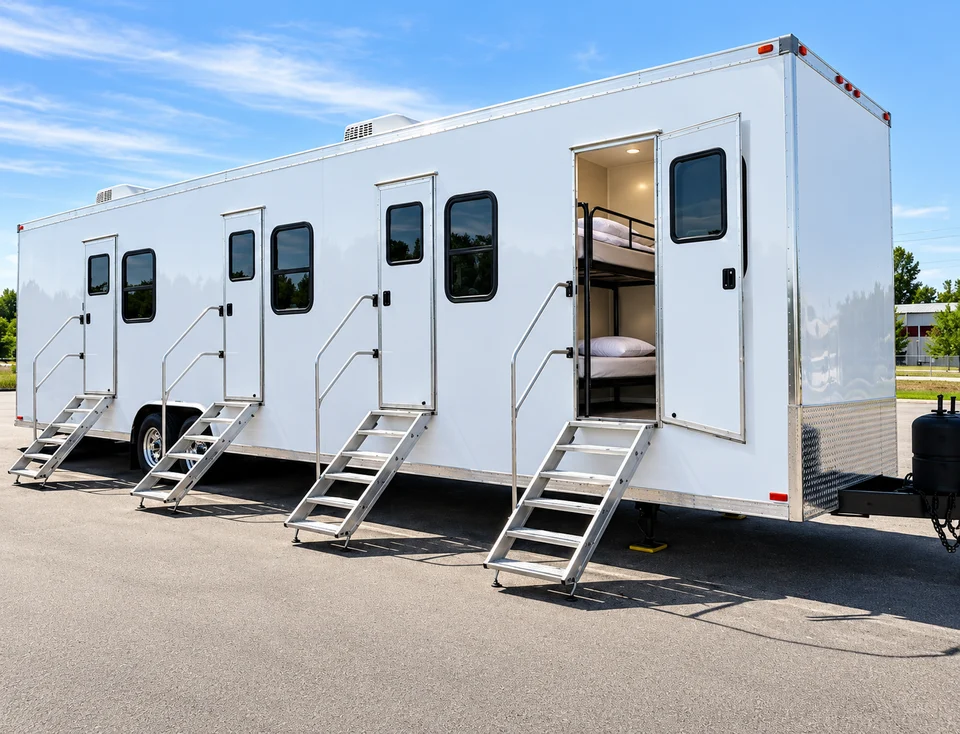 Wheeled sleeper trailer with separate entrances and a visible bunk room