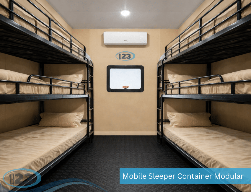 Communal bunk-bed sleeping area inside a 20 ft shared mobile sleeper trailer