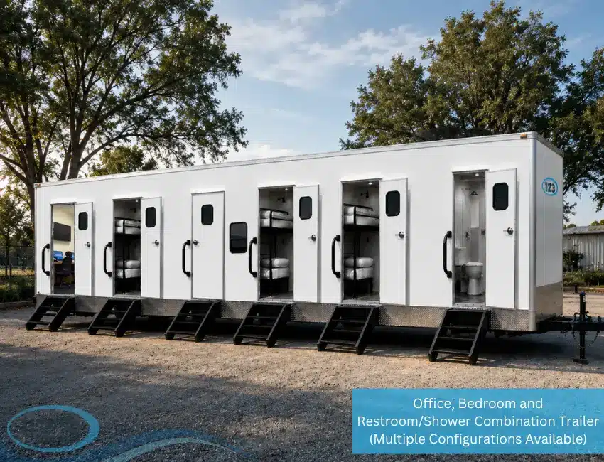 Office, bedroom, and restroom:shower combination trailer with multiple configurations available, featuring several entrances and steps.