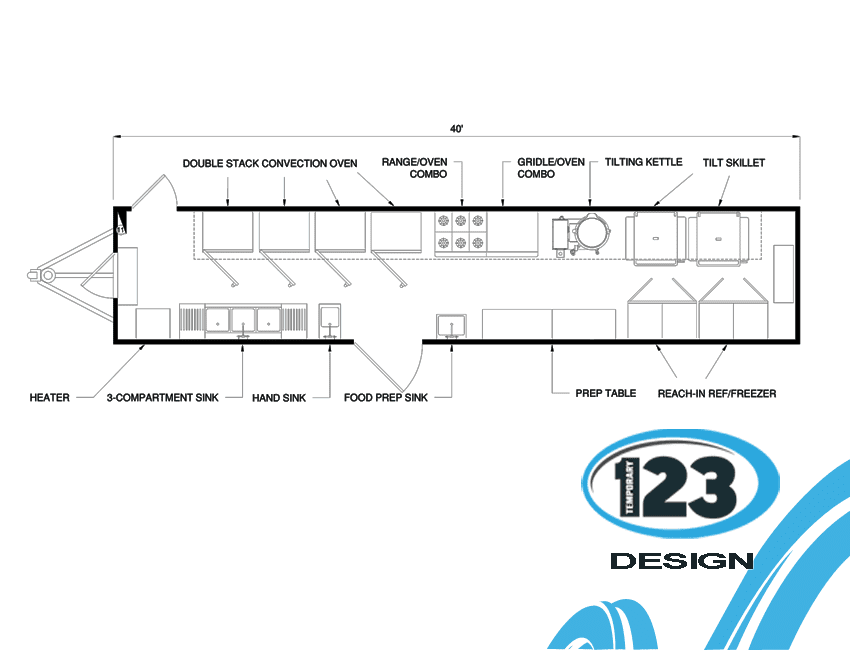 Forty-foot mobile kitchen trailer floor plan with cooking, preparation, sink and refrigeration equipment